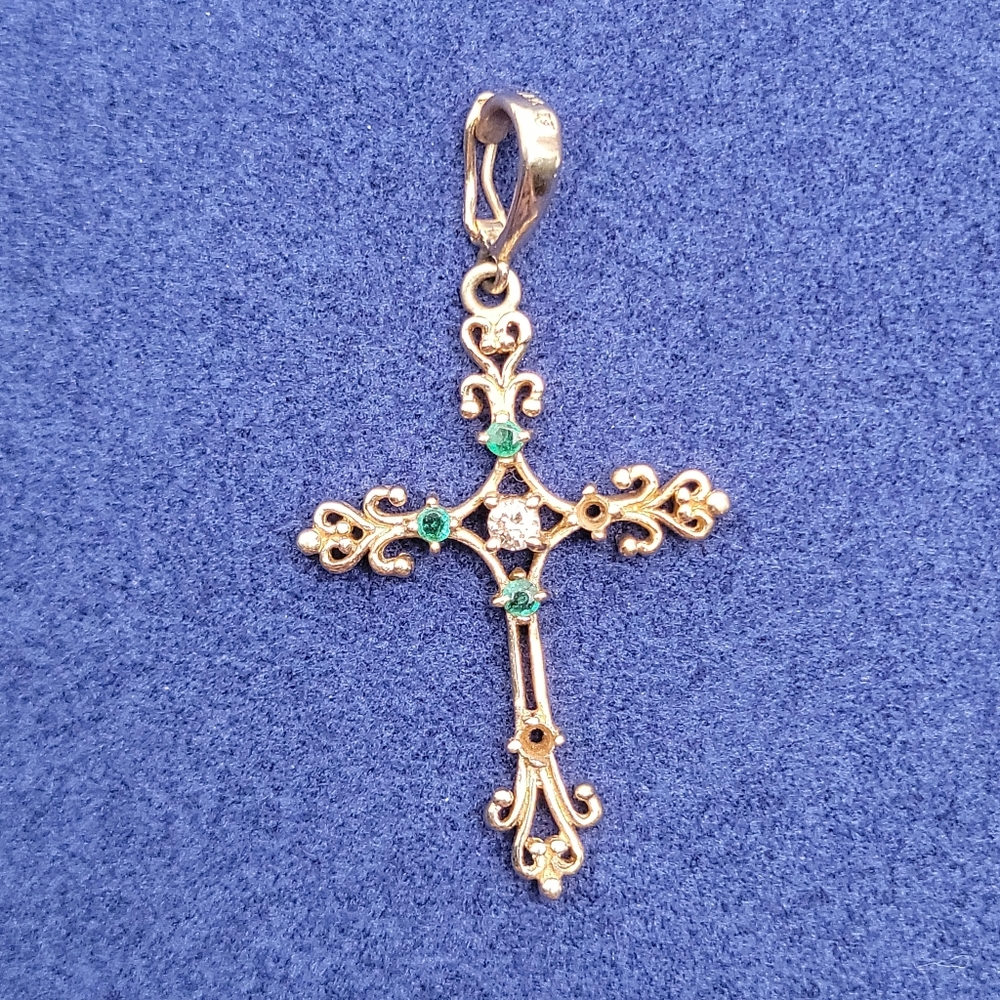Vintage 14k Solid Gold Ornate Cross, Emerald & Diamond Pendant